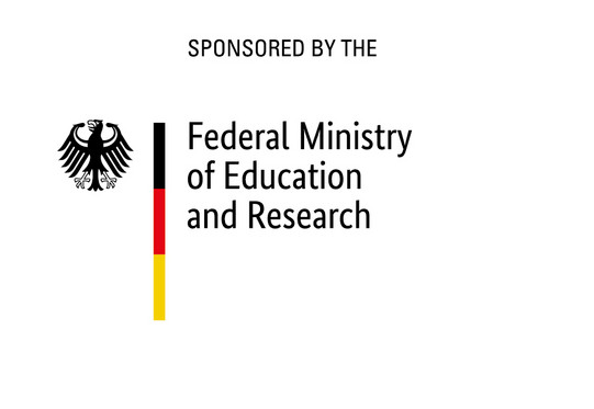 Logo of the Federal Ministry of Education and Research; black text on a white background; on the left there is a black eagle; in the middle there is a black, red and gold bar