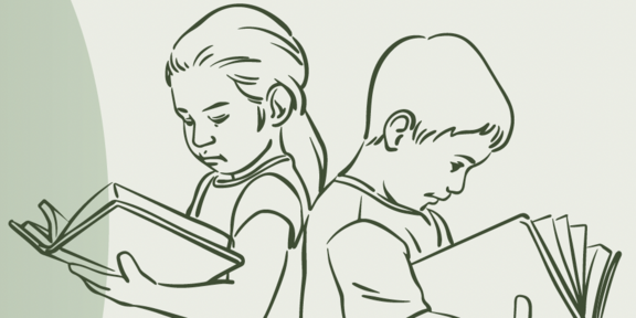 Graphic with two children reading