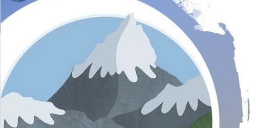 Drei Berge mit schneebedeckten Gipfeln in einem blau-weißen Kreis, der größte Berg ist in der Mitte von zwei kleinen Bergen