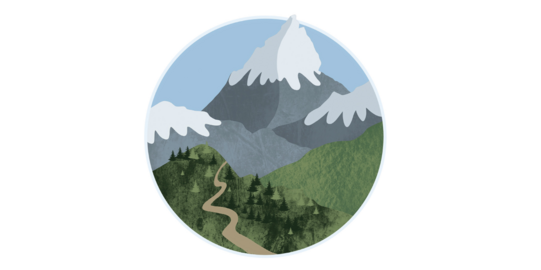 three mountains with snow-covered peaks in a blue and white circle, the largest mountain is in the middle of two small mountains