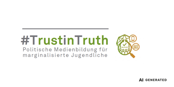 AI generated - Logo: es ist der Text "#TrustinTruth - politische Medienbildung für marginalisierte Jugendliche" zu sehen. Daneben ist eine Lupe und Sprechblasen zu sehen, die verschiedene Medien darstellen.