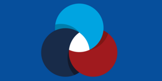 dunkelblaue, hellblaue und rote sich überlappende Kreise mit einer weißen Schnittstelle im Zentrum vor blauem Hintergrund