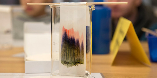 A measuring glass in which a dark colored filter hangs.